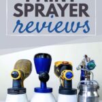Four paint sprayers on a white surface below text reading Paint Sprayer Reviews in bold and script fonts.