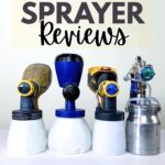 Four paint sprayers lined up on a white surface with the text Paint Sprayer Reviews above them.