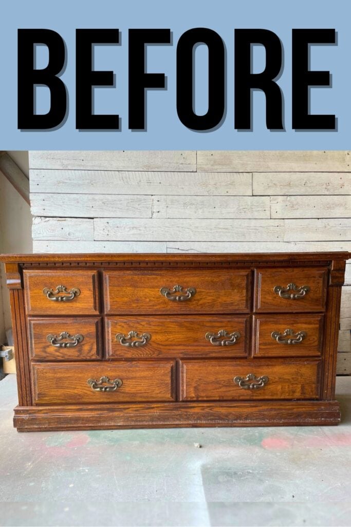 vintage dresser with big chunky hardware and 8 drawers