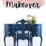 Navy blue antique desk with gold knobs and matching chair under “Antique Desk Makeover” text.