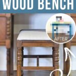Wood bench with upholstered seat, labeled before and a small blurred after image showing it painted.