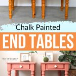 Two wooden end tables before and after being painted pink with white knobs