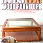 A glass-top orange wood coffee table with before and after insets showing a refinished look.