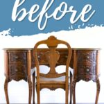 A vintage wooden vanity and chair with ornate carvings, labeled before on a blue and white background.