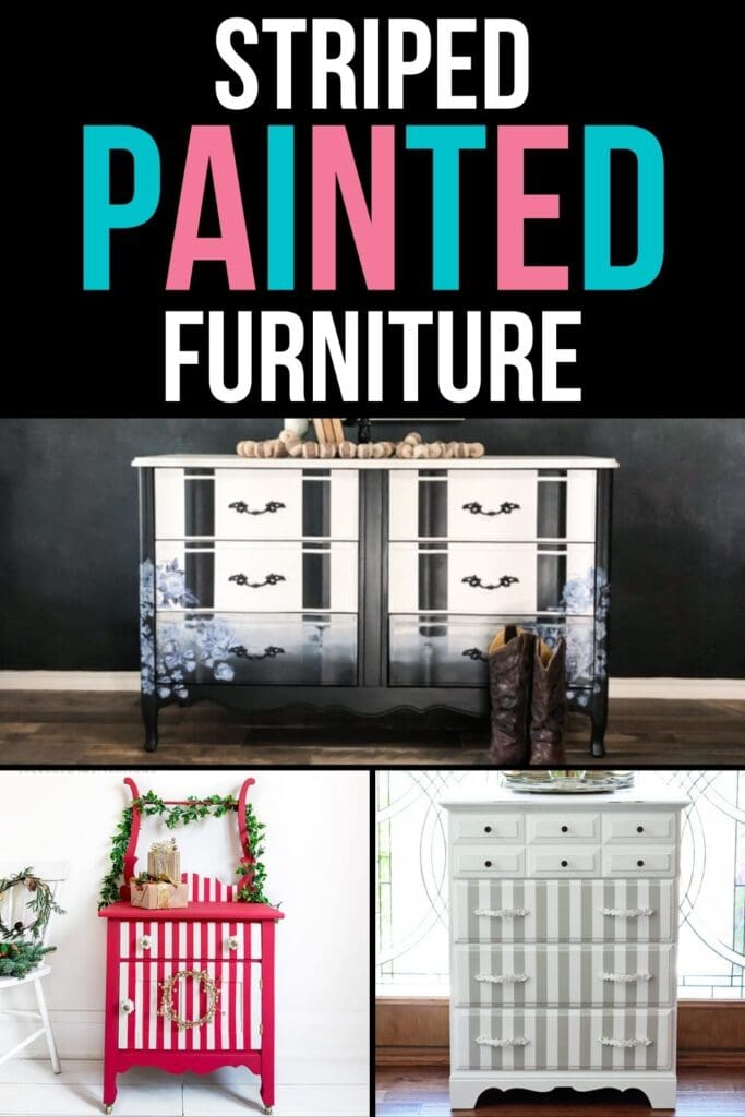 photo collage of striped painted furniture samples with text overlay
