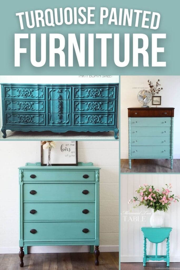 photo collage of turquoise painted furniture