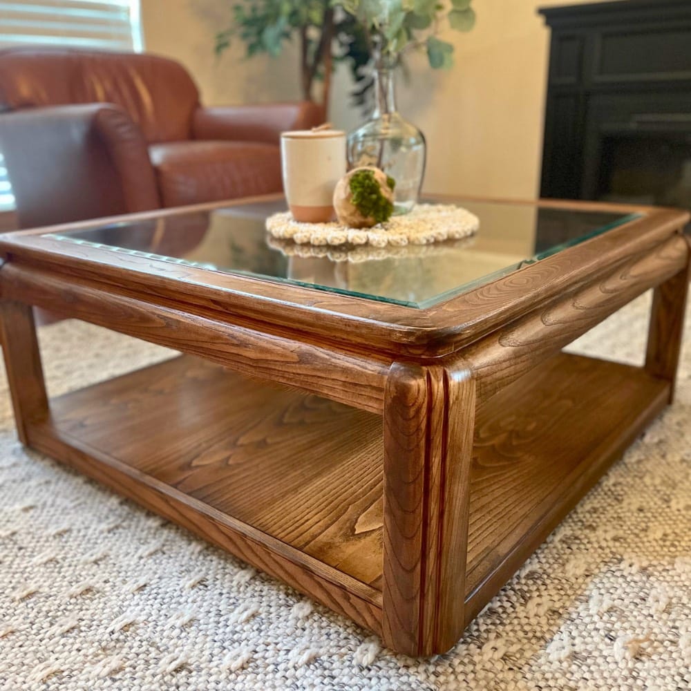 square wood coffee table with tobacco color stained wood