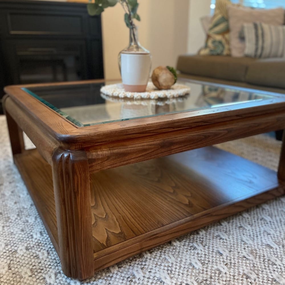 large square coffee table with new stain and glass top
