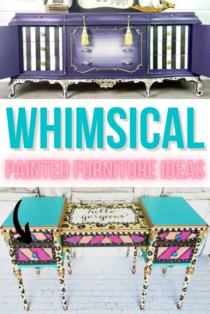 sample images of whimsical painted furniture  with text overlay