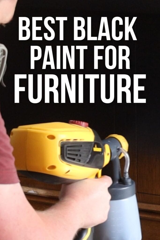 spraying black paint onto furniture using paint sprayer with text overlay
