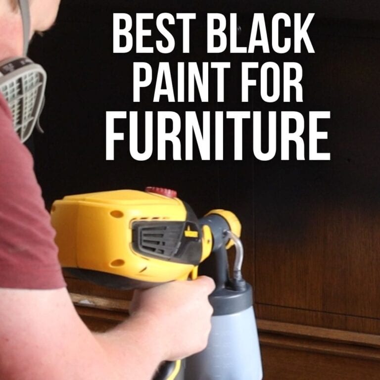 spraying black paint onto furniture using paint sprayer with text overlay