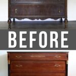 Split image: Top shows a dark worn dresser; bottom shows another dresser with black trim