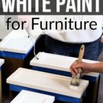 Two people painting white cabinet drawers with brushes and rollers; text reads Best White Paint for Furniture.