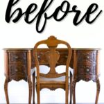 Ornate vintage wooden vanity and chair with before written in large cursive text above.