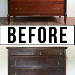 Split image: Top shows a polished dresser, bottom shows another dresser old and worn. Text: “BEFORE” between them.