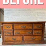 A wooden dresser with nine drawers and ornate handles, labeled BEFORE against a pink background.