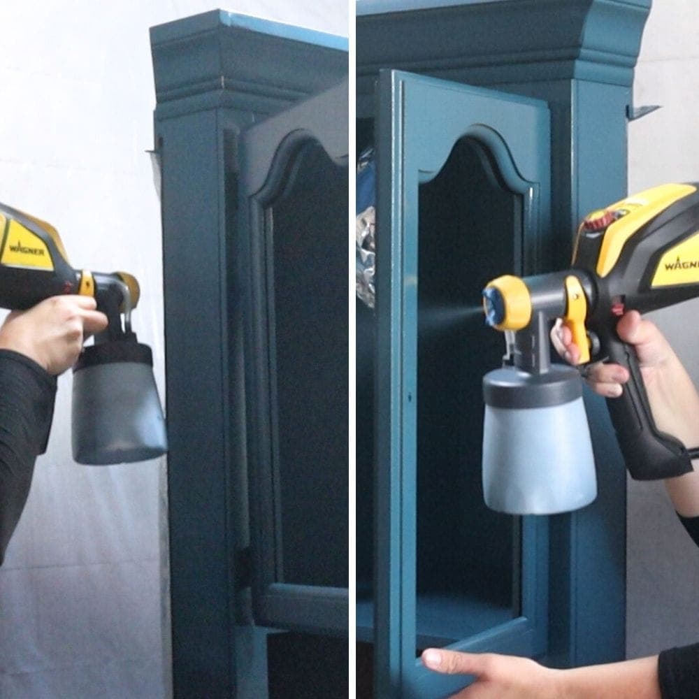 spraying teal coating with Wagner HVLP gun