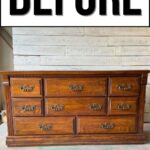 A vintage wooden dresser with nine drawers and ornate handles, labeled BEFORE at the top.