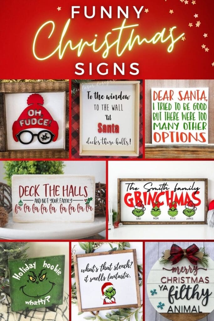 photo collage of Funny Christmas Signs with text overlay