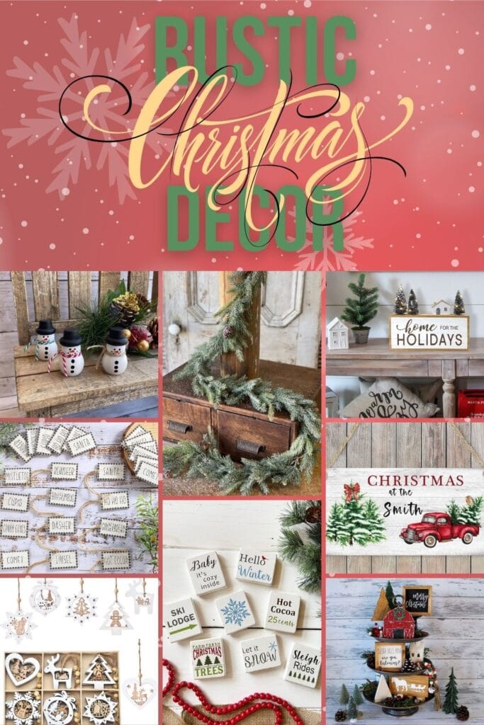 photo collage of Rustic Christmas Decor with text overlay