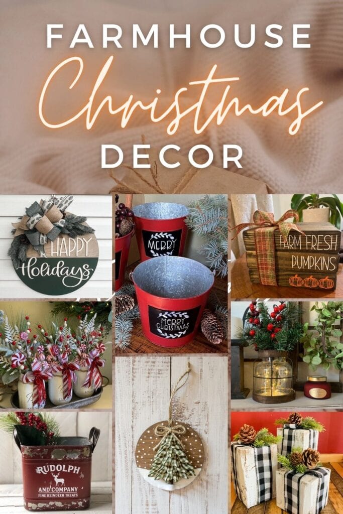 photo collage of farmhouse Christmas decor with text overlay