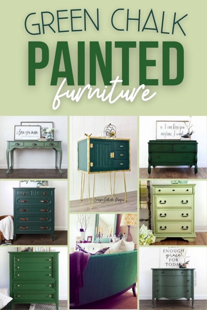 photo collage of green chalk painted furniture with text overlay