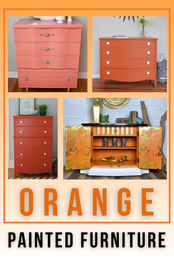 photo collage of orange painted furniture with text overlay