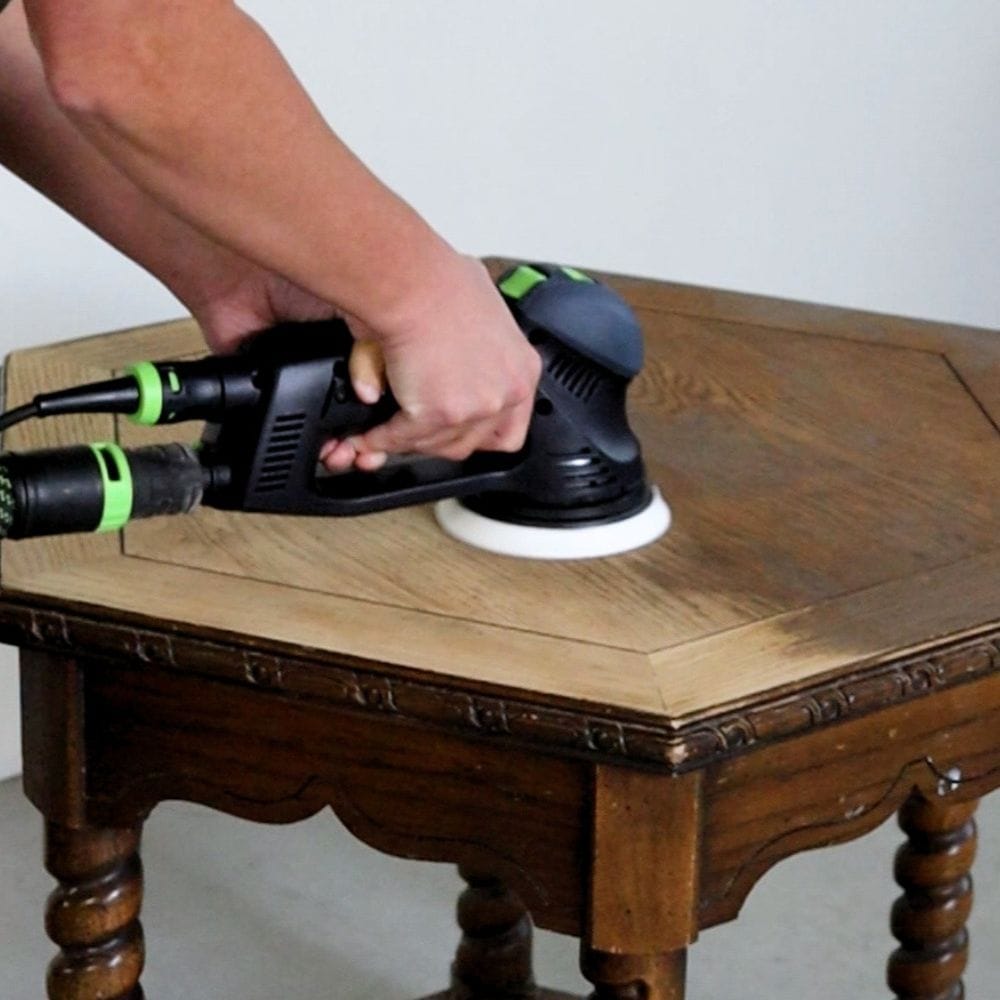 photo of Festool Rotex 125 orbital sander removing stain off the furniture