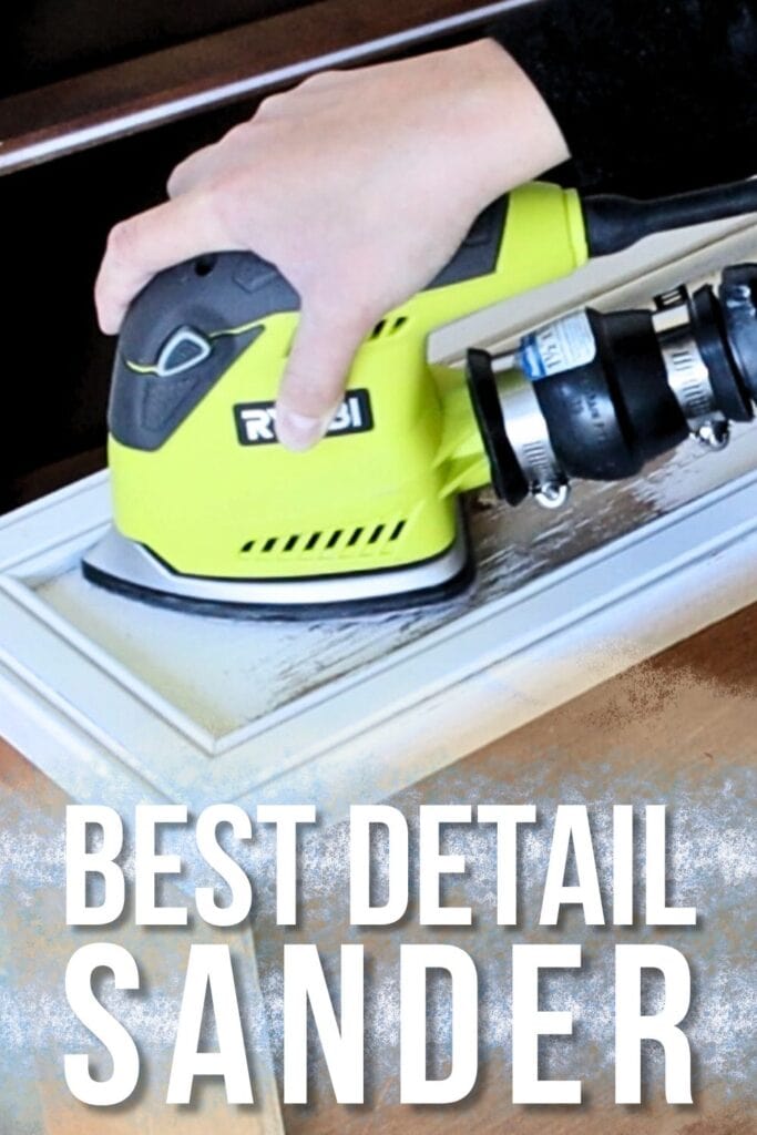photo of a detail sander sanding a drawer with text overlay
