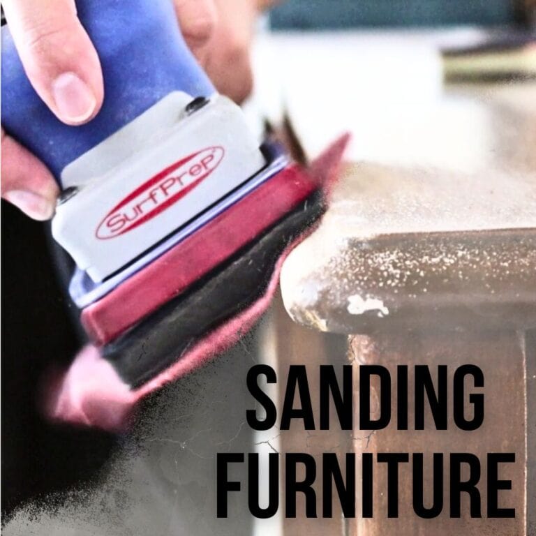 photo of surfprep orbital sanding the furniture to remove paint with text overlay