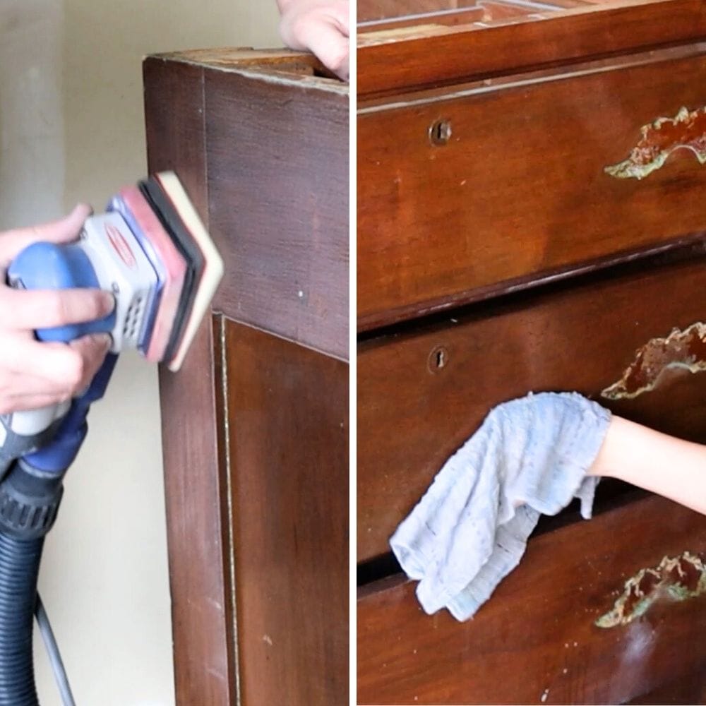 prepping furniture by cleaning and sanding before painting