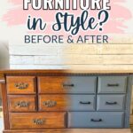 A dresser with one half wood finish and the other half painted gray, with text about two-toned furniture style.
