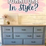A blue and wood two-tone dresser sits in front of a white shiplap wall with text above asking about its style.