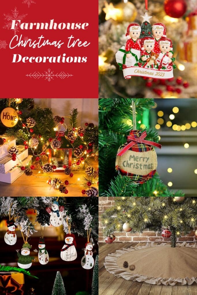 Collage of Farmhouse Christmas Tree Decorations with text overlay