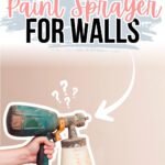 A hand holds a paint sprayer pointed at a beige wall, with text reading Best Paint Sprayer for Walls.