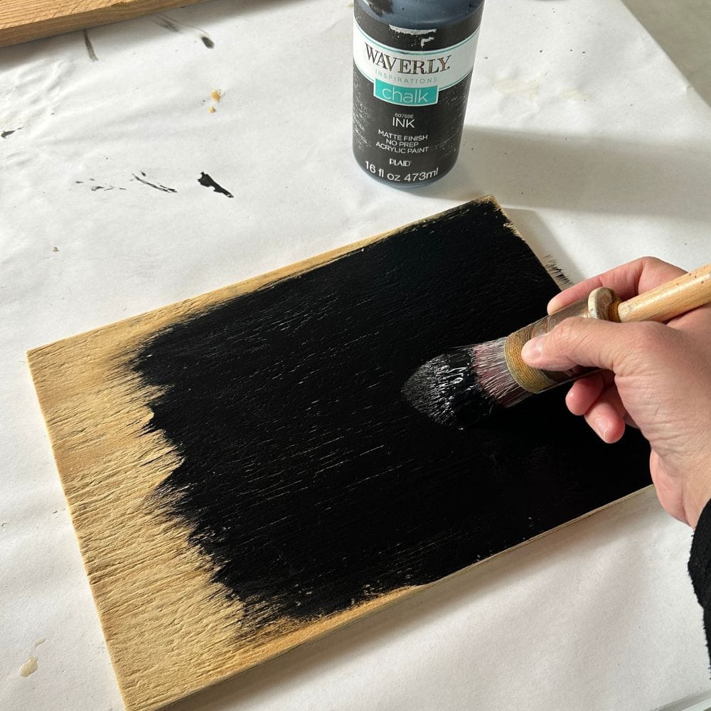 applying Waverly chalk paint to plywood using a Zibra brush