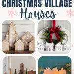 Collage of decorative Christmas village houses made from wood and paper, with festive trees and candlelights.