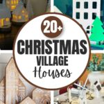 Collage of decorative Christmas village houses made from paper, wood, and other materials with holiday accents.