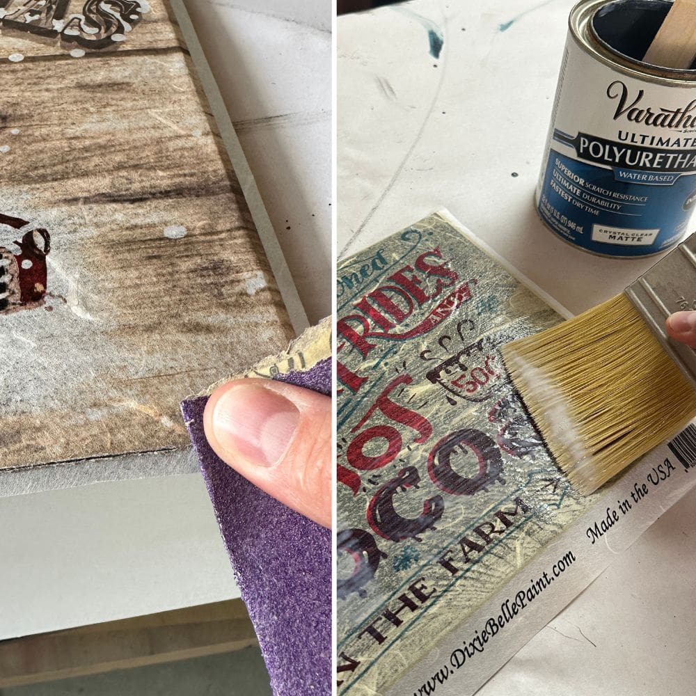 cutting excess decoupage paper with a sandpaper then applying topcoat