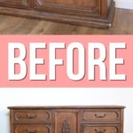 A wooden dresser with ornate details, shown before a makeover, on a hardwood floor with BEFORE text.