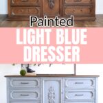 Before and after of a dresser, transformed from dark wood to a light blue painted finish.