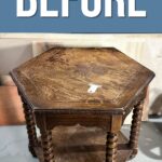 Hexagonal wooden side table with carved legs and a tag, labeled BEFORE at the top of the image.