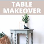 Rustic grey hexagon end table with carved legs and a lower shelf.