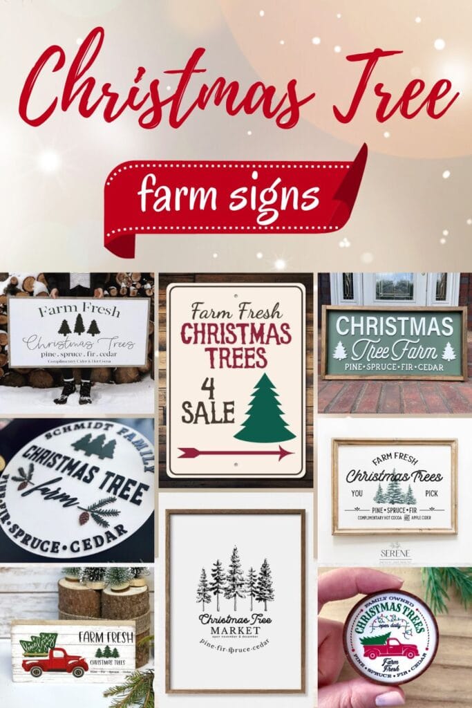 photo collage of Christmas Tree farm signs with text overlay