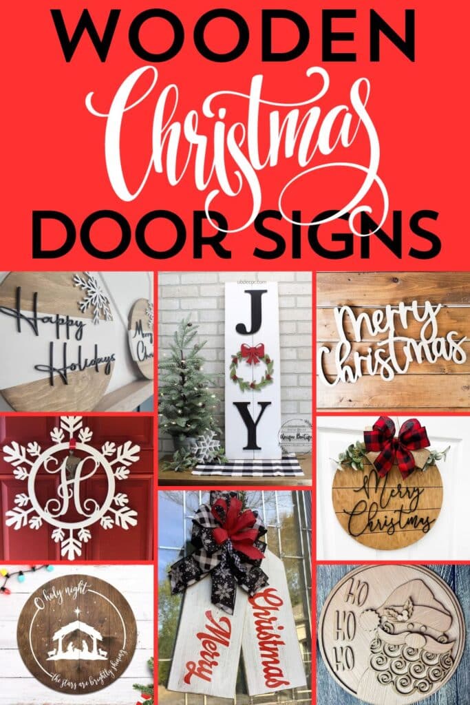 photo collage of Christmas door signs with text overlay