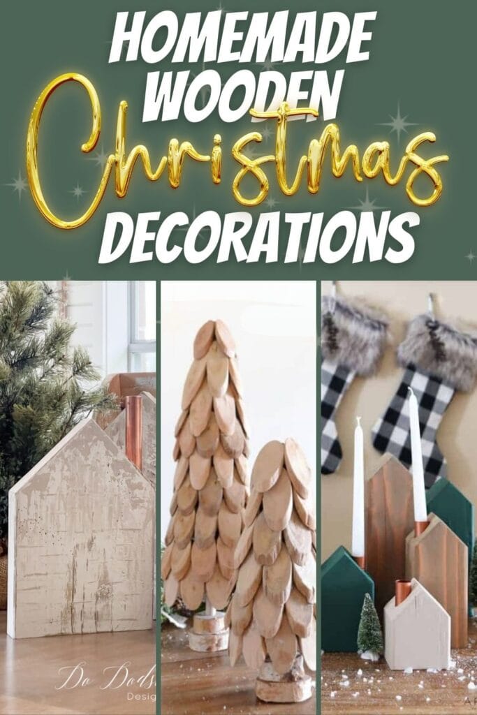photo collage of homemade wooden Christmas decorations with text overlay