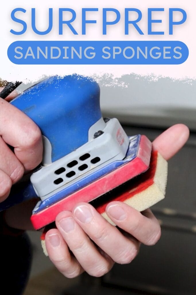 photo of attaching surfprep sanding sponge to sander with text overlay