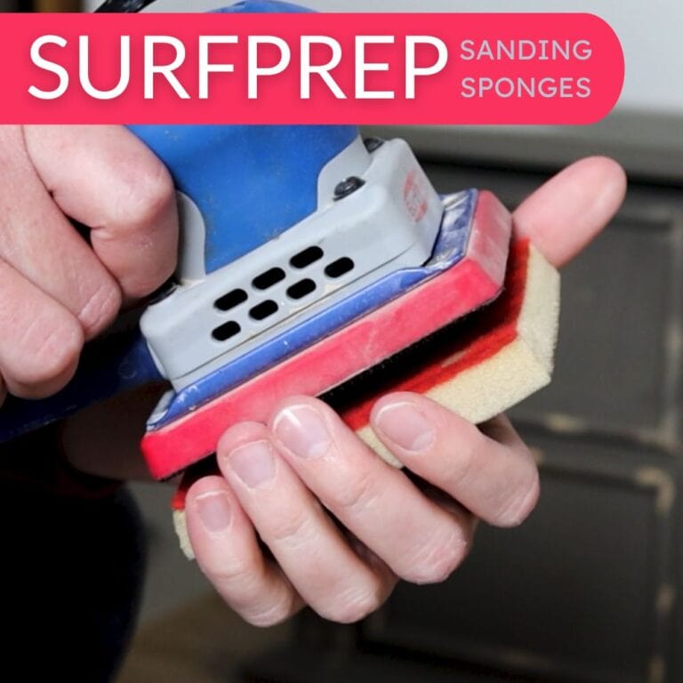photo of attaching surfprep sanding sponge to sander with text overlay