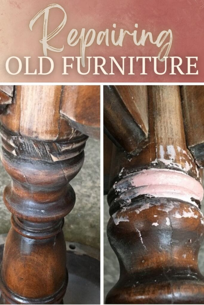 photo of before and after repair of furniture leg with text overlay