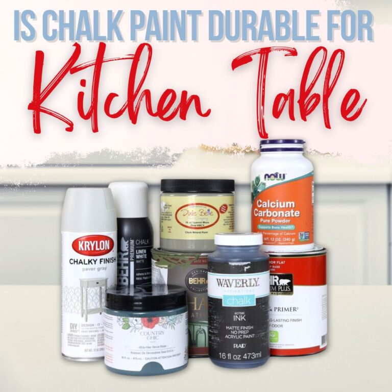photo of different brands of chalk paint on top of a kitchen table with text overlay